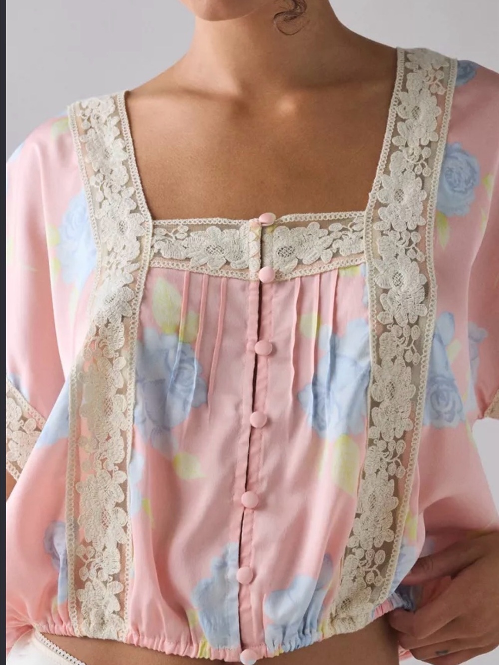 Kimchi Blue Pink Floral Lace-Trim Button Front Chemise Top